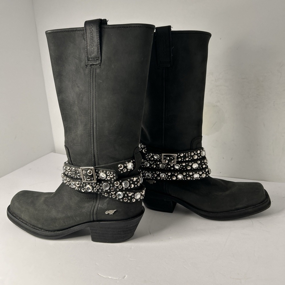 Sz 8 - ROCKET DOG Black Leather Silver Studded Rhinestone Buckle Biker Boots - Picture 12 of 15